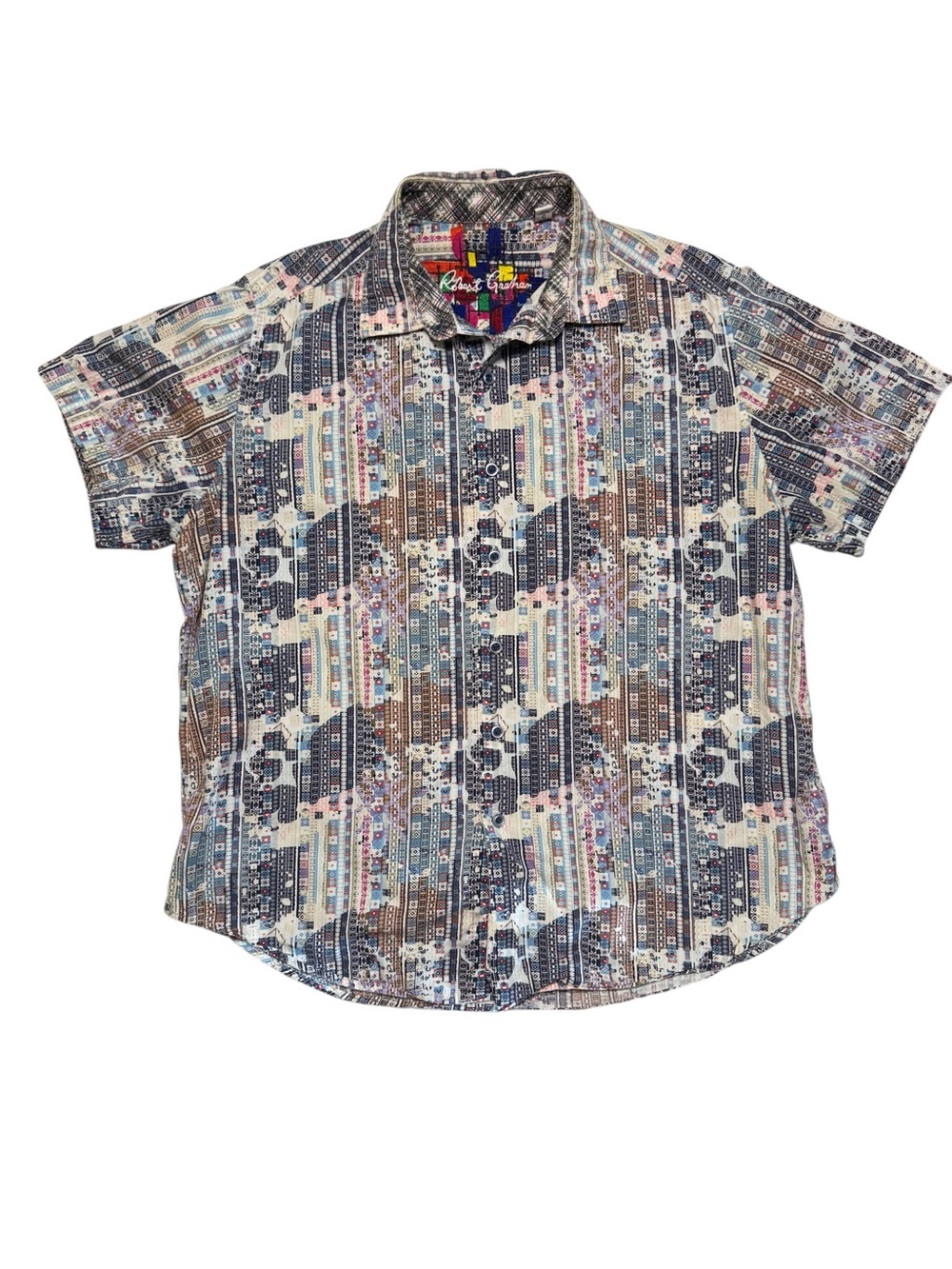 Robert Graham Multicolor Geometric Patchwork Print Abstract Short Sleeve Large